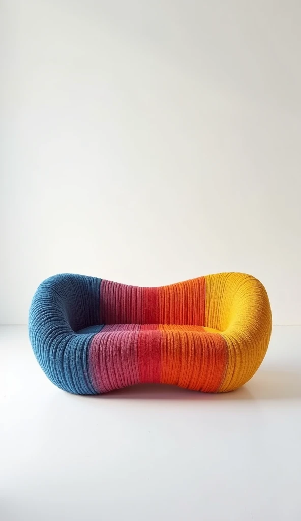 high resolution photography, central composition, conceptual experimental single sofa design, inspired by rainbow, curved shape form, colorful thick rope texture, Phase One XF IQ4 150MP, Schneider Kreuznach 120mm LS f/4.0, f/8, ISO 50, 1/125 sec, tethered ...