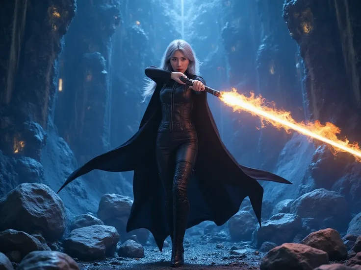 a woman with  silver hair and pale skin, wielding a flaming blue rapier in an epic pose, wearing a black cape, against an epic fantasy background, best quality,8k,masterpiece,ultra-detailed, dynamic action pose, dramatic lighting, cinematic, vibrant colors...