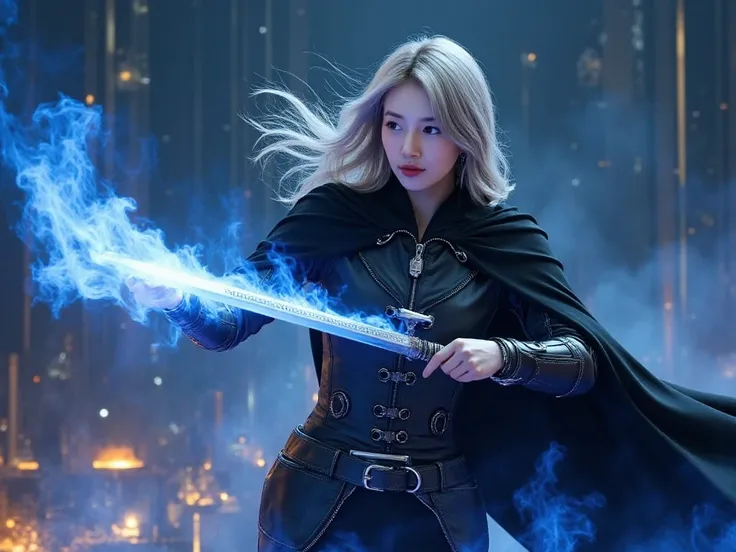 a woman with  silver hair and pale skin, wielding a flaming blue rapier in an epic pose, wearing a black cape, against an epic fantasy background, best quality,8k,masterpiece,ultra-detailed, dynamic action pose, dramatic lighting, cinematic, vibrant colors...