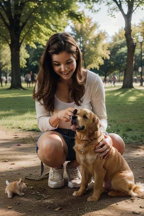 A girl playing with a golden retriever puppy in the park 