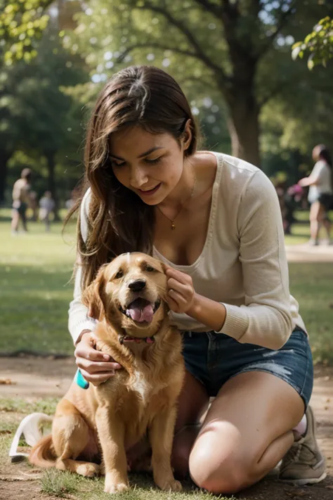 A girl playing with a golden retriever puppy in the park 