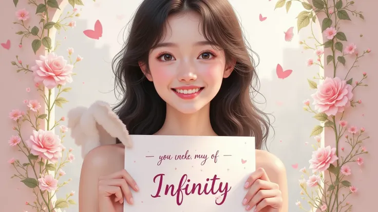 A beautiful and lovely woman holding a sign "I love infinity ", joy,  happy , Anime illustrations,  Realistic photo , painting