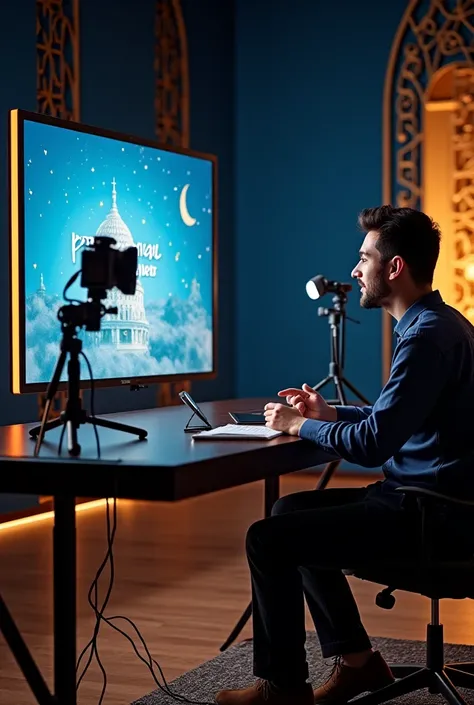 > "A high-definition professional YouTube studio setup for an Islamic content creator. The background features an elegant fixed design with golden and blue shades, incorporating Islamic geometric patterns and subtle calligraphy. A well-lit modern studio se...