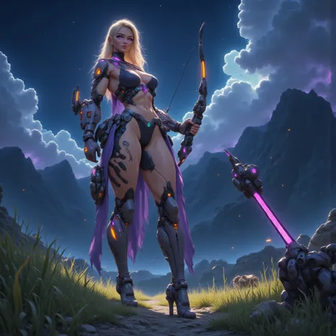 - Main Character, Adult Female "Belize", Beautiful, Tall, Long Legs, Long Blonde Curly Hair, Wearing Head Accessories.

- Wearing a costume ("Full Sexy Armor").
Chest and Thigh Armor are slightly open.
Futuristic Costume Design.
Wearing a Jade robe, fishne...