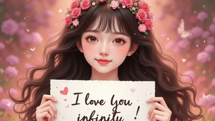 A beautiful and lovely woman holding a sign "I love infinity ", joy,  happy , Anime illustrations,  Realistic photo , painting