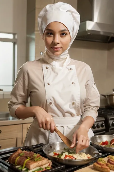 make a tan light skin with soft skin  girl with a white hijab in her heads that cover her hair, brown eyes, with a covered chef uniform that covered her neck and a long sleeve that cover her hands and a chef hat that she wear while cooking food 