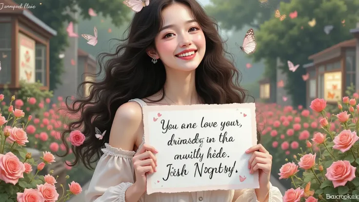 A beautiful and lovely woman holding a sign "I love infinity ", joy,  happy , Anime illustrations,  Realistic photo , painting