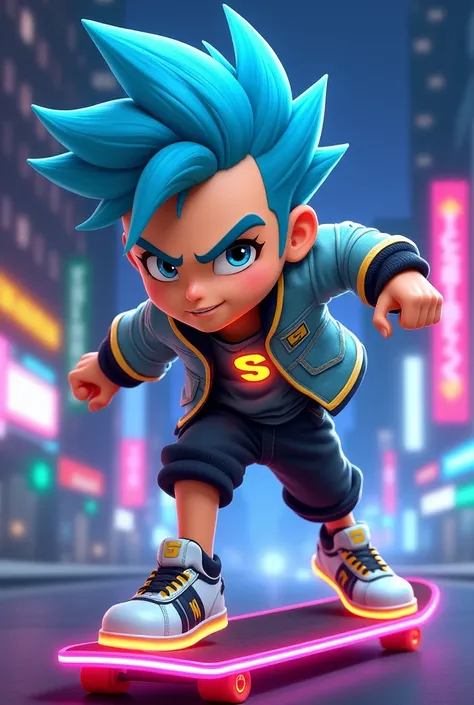 Design a character for a futuristic skateboarding game, inspired by Subway Surfers but with a Sonic-like energy. The character should have spiky, electric blue hair, styled in a dynamic, windswept way, resembling a fast-moving, energetic look. They should ...