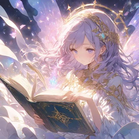 A mystical and enchanting open book floating in mid-air, glowing with soft pastel-colored light. The pages are illuminated with magical symbols and glowing runes that seem to hover above the text. Wisps of ethereal energy swirl around it, creating a dreamy...