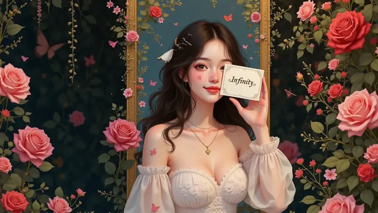 A beautiful and lovely woman holding a sign "I love infinity ", joy,  happy , Anime illustrations,  Realistic photo , painting