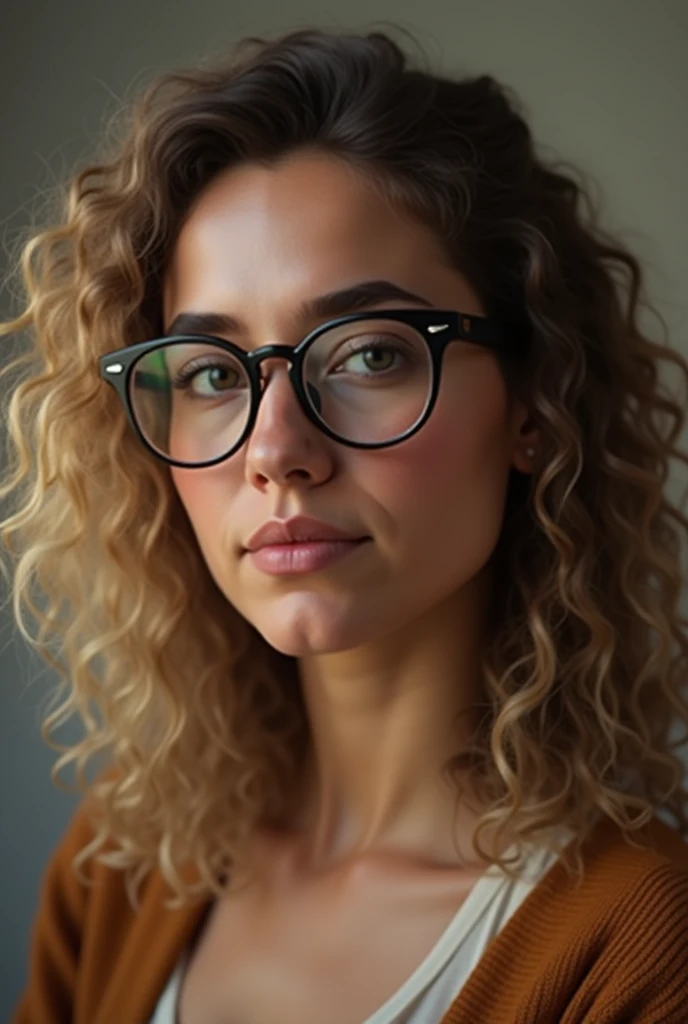  A woman about 30 minutes shoulder-length dark blonde curly hair. She wears glasses and has thick ,Round,flat face 