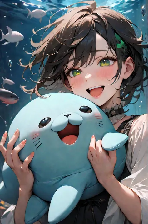  masterpiece,  top quality,  great quality,  so beautiful,  Hi-Res,  latest,  realism,  girl, is adorable,My eyes are green and red,deep sea, holding a stuffed seal, hairstyle is short, Gold, is laughing.