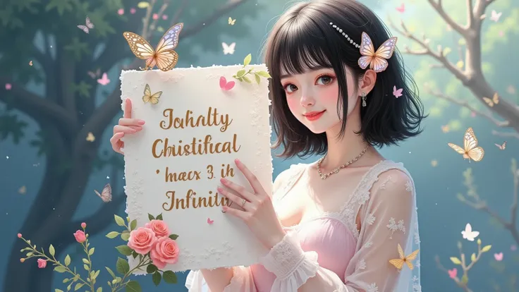 A beautiful and lovely woman holding a sign "I love infinity ", joy,  happy , Anime illustrations,  Realistic photo , painting