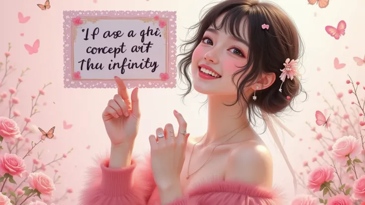 A beautiful and lovely woman holding a sign "I love infinity ", joy,  happy , Anime illustrations,  Realistic photo , painting