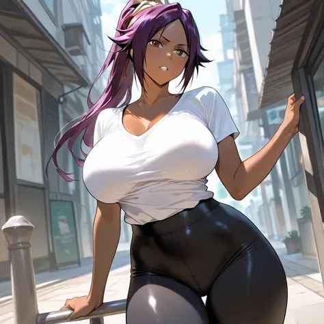 Yoruichi Shihouin from bleach wearing a hot shirt and leggings having big hcup boobs and butt  posing in streets 