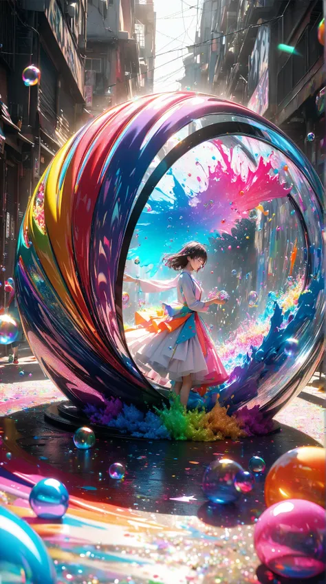  Conceptual Installation Artwork,  long cylindrical sticks and iridescent bubbles made of clear acrylic ,  and clasped with beautiful hands , colorful fluorescent paint splashes , Mr.々Effects , Glitter Dust Effect,   delicate and dynamic texture  ,  contra...