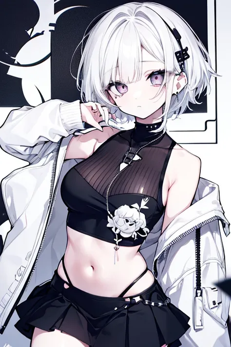  cool girl with short hair、Long, sharp eyes、 lots of piercings、 sleeveless、 shoulder out、 monotone outfit 、 miniskirt、 belly button out、 white hair、