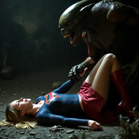 Supergirl is raped by an alien monster, very bright white skin, her legs are wide out, can see whole body, She is wearing a thin black pantyhose, short red skirt, red knee height long boots, blonde hair, She is unconscious, seriously injured, painful, a fi...