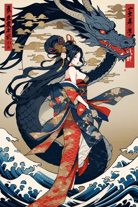 ukiyo-e,    super complex high definition   ,     beautiful traditional Japanese culture,   dragon 、goddess、 mystical 、 Look, 