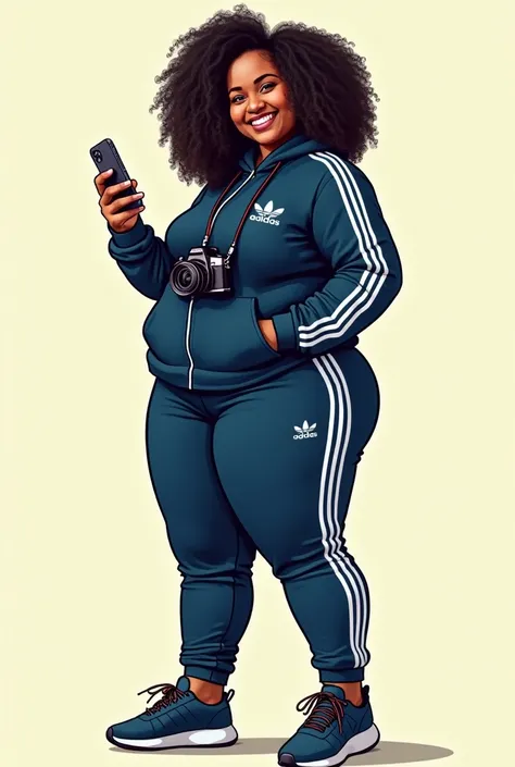 Comic strip, manga, and caricature-style image depicting a thick, curvaceous Malagasy girl with curly hair, standing , facing the camera. She is dressed in a tight-fitting, dark blue Adidas sportswear set, consisting of a sporty jacket and jogging pants. S...