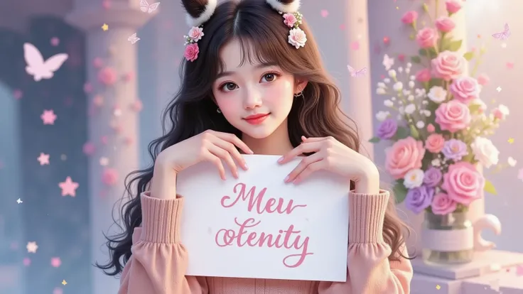 A beautiful and lovely woman holding a sign "I love infinity ", joy,  happy , Anime illustrations,  Realistic photo , painting