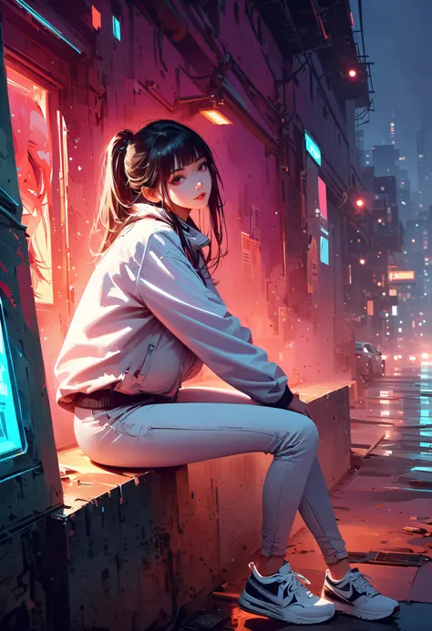  ultra-high resolution ，wallpaper， art book style ， height detail， cinematic lighting， surreal atmosphere ， bright color ， 8k resolution， full-body photo ， CLOTHING DETAILS， Realistic texture ，Rooftop，Twenty year old girl，Flesh， black hair ， Full Bangs，Pon...