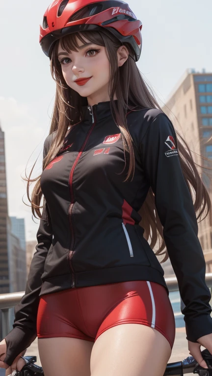 woman , long hair brown, normal, she is solo, from alternative world ,best quality, realistic, cycling full (red black) colorful suit and cycling sports shorts, she is stand , smile, red lipstick , helmet 