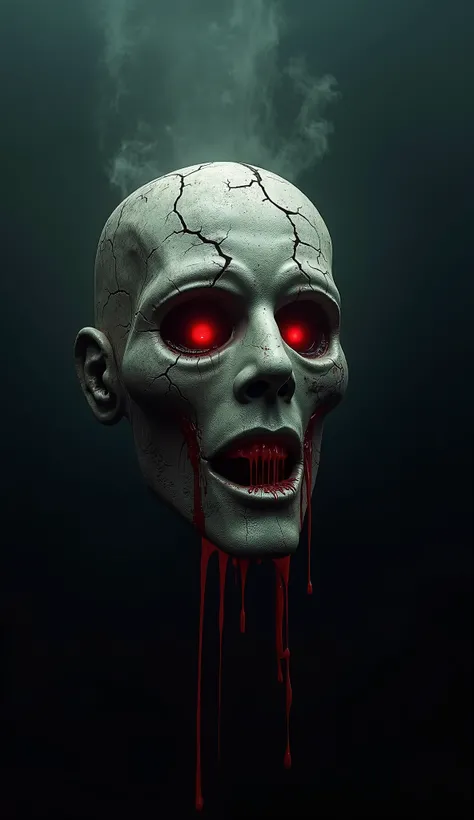 A cracked, ancient mask floating in a dark void, thin red mist seeping from its hollow eye sockets, faint glowing runes etched into its surface, surreal horror atmosphere, high contrast, ultra-HD, eerie wallpaper