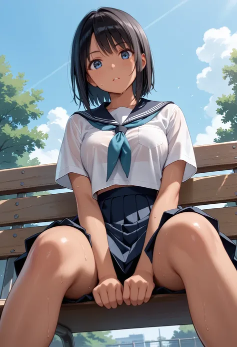 masterpiece, best quality, delicate illustration,ultra detailed skin, yuuki mikan, Black Hair, 
(1girl:1.2),(solo:1.2), (tan:1.2), See-through school uniform, Sitting on a bench, face to face angle, (angle from below), sitting in front,whole body,looking d...