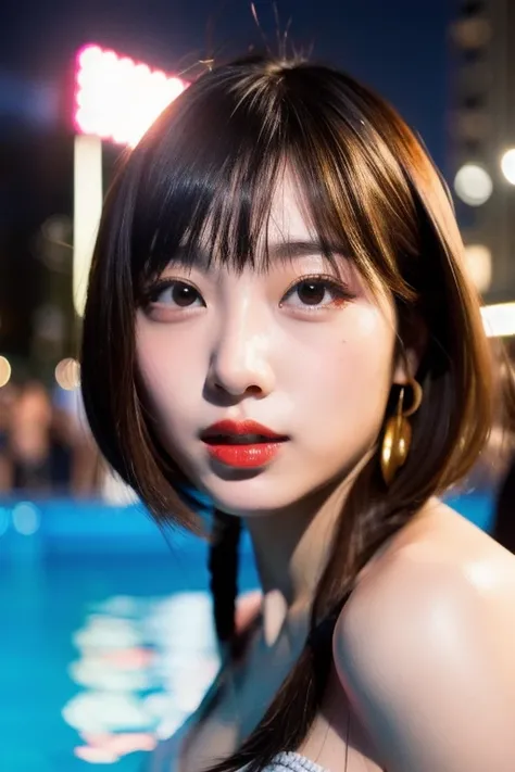 " Energetic Japanese Gal、Fancy hairstyle（ Bowl Cut）、Light-colored hair（gold or silver）、 eye makeup emphasized around the eyes 、 red lipstick、Fashion is luxury bikini、 The background is an urban night pool、Night atmosphere。An energetic, confident, and serio...