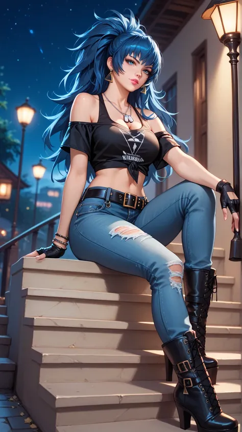 Sexy leona heidern,  blue eyes,  Long hair,  dark blue hair,  triangle earrings, dog tags, wearing a mustard off-shoulder blouse,  blue denim pants, high heel boots, wide leather belt, chain for keys, bracelets on the hands ,  fingerless gloves , pink lips...