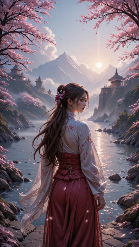  Japanese samurai woman ，Long hair and sea view ， standing in front of a fortress partially obscured by fog。 faint sunlight struggling to penetrate ， Cherry blossom petals falling in the wind ， turns around watching the audience 。