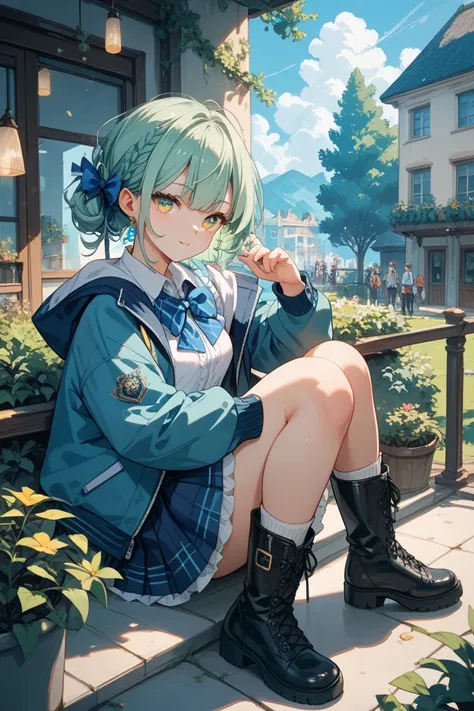 light blue-green hair color、blue and yellow in odd-eye、 blue school uniform、jacket with ruffles and bows、 black boots