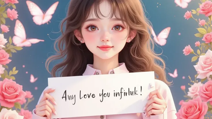 A beautiful and lovely woman holding a sign "I love infinity ", joy,  happy , Anime illustrations,  Realistic photo , painting