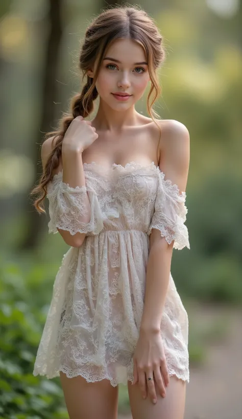 Beautiful sweet girl, beautiful detailed face, innocent facial expression, blue eyes, smile, beautiful slender legs , beautiful female hands are slightly lowered, slim figure, perfect body , beautiful manicure, short off-shoulder dress, wea...