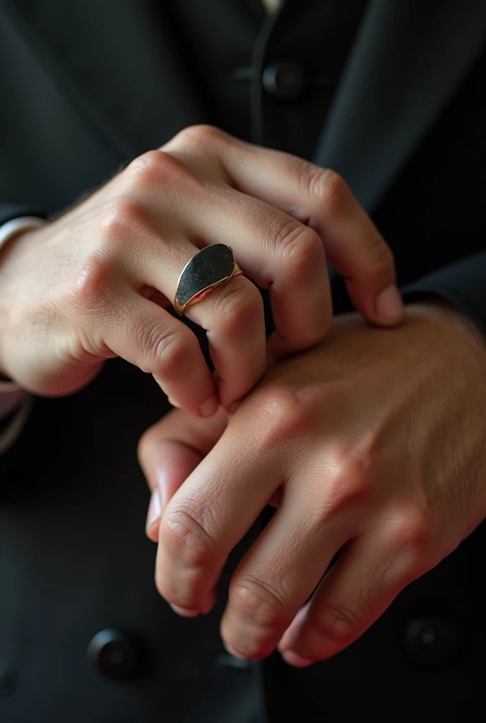 Picture the hands of Prince Reza Pahlavi to me, a small black ring on his finger with a simple dress,
And the number of their fingers is five, while his face is not clear and only show your hands and fingers.