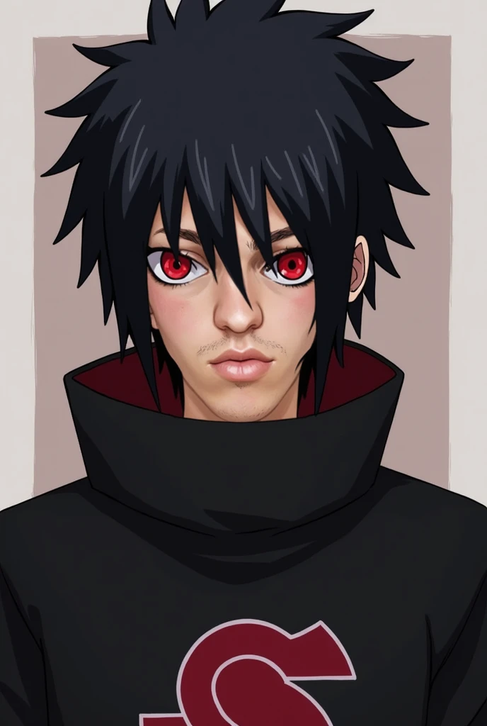 I want that based on that face, Can you create a Naruto character for me, who belongs to the Uchiha clan and manages the 10 most powerful jutsus with the letter S, And the color of the clothes he wears is black, with the Uchiha clan logo, And he wears the ...