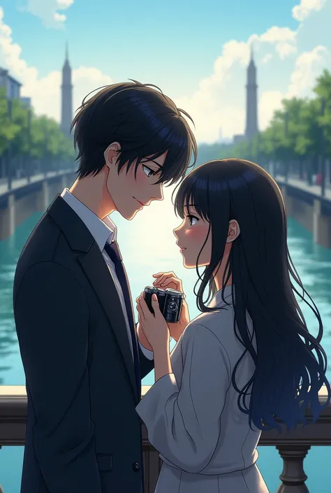 bridge, handsome anime boy, black hair, high school, anime girl, black hair, showing him a video, on a camera