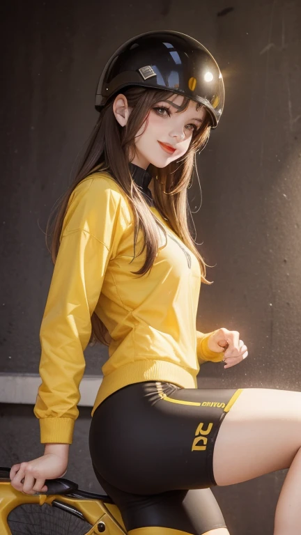 woman , long hair brown, normal, she is solo, from alternative world ,best quality, realistic, cycling full yellow black suit and cycling sports black shorts, she is stand , smile, red lipstick , helmet 