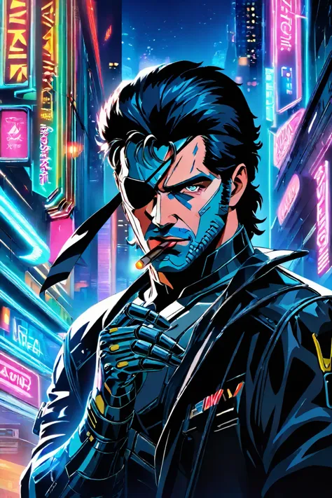 (masterpiece, top quality, best quality, official art, beautiful and aesthetic:1.2), High quality face, solid snake from Metal gear solid, eye patch over left eye, cybernetic arm, Cyberpunk, smoking cigar, scifi city, neon city, night time, neon signs, bla...