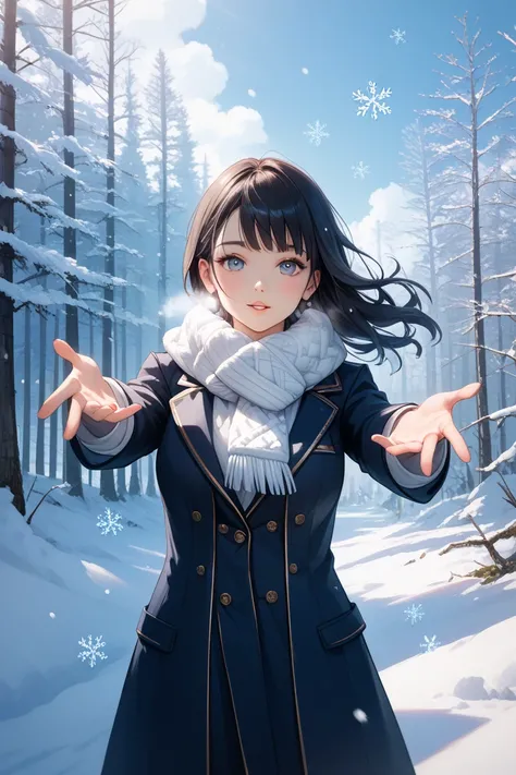 A highly detailed, ultra-realistic cinematic shot of a dignified Japanese woman standing in a snowy landscape, reaching out to catch falling snowflakes on her hand. She has long, flowing black hair that contrasts beautifully with the white snow around her....