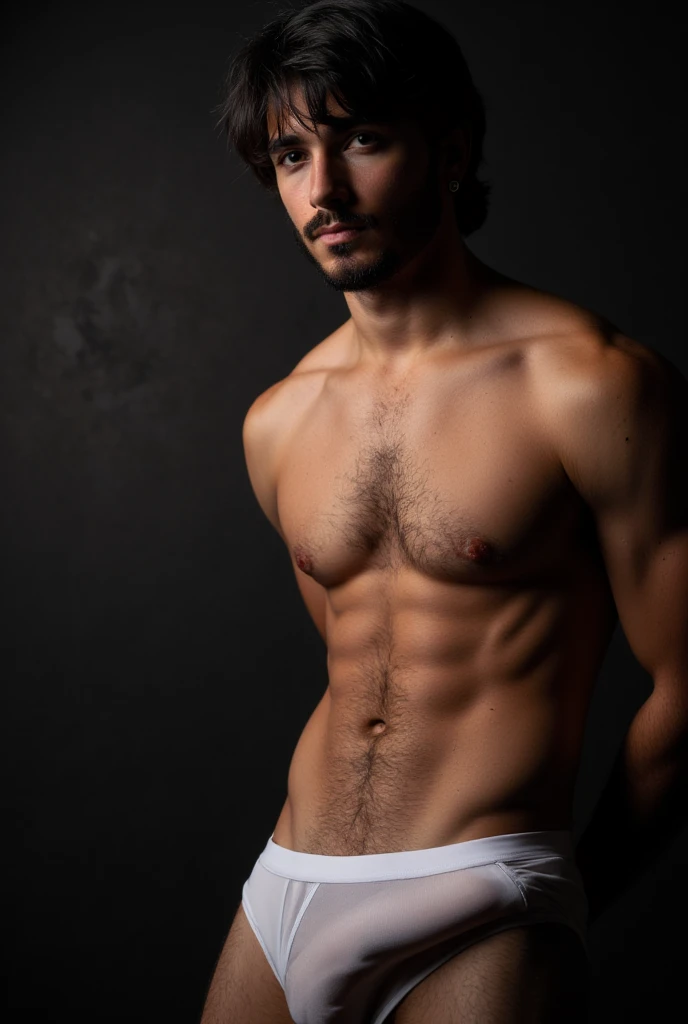  handsome Brazilian man , beautiful, high,  fair skin,  blue eyes,  detailed eyes,  large nose with a thin tip slightly raised upwards , Big mouth with thick lips ,  thick eyebrows, body hair,  unshaven, Muscles,  sculptural body,  defined chest, strong ar...