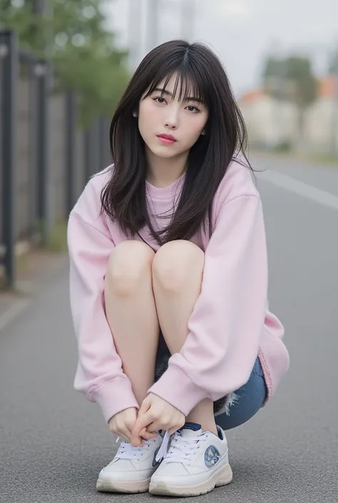 The image is a portrait of a young woman named hamabe with semi-long dark hair and bangs, She squatting on the ground. She was wearing a宽大露肩衬衫 and is looking directly at the camera with a serious expression, White sneakers , Foot forward. appears to be an ...