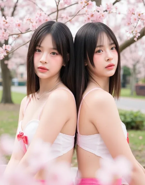 (girl ,age 14, naked: 1.8),(portrait), Sakura Garden, exceptionally cute schoolgirls sit side by side. Their  faces radiate innocence and charm, captivating everyone who lays eyes on them. They share the same height and body proportions, adding to their ad...