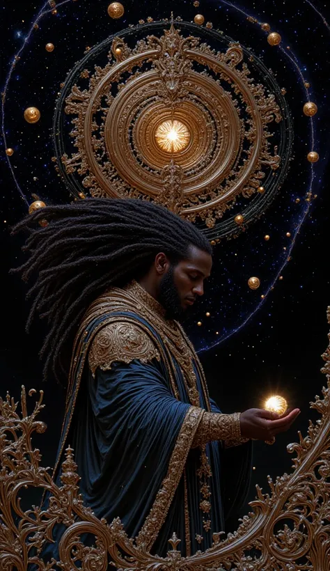 A powerful, master craftsman god with dreadlocks shaping the very fabric of reality, with galaxies, stars, and worlds unfolding from their divine forge like a masterpiece of cosmic artistry, show that he is making galaxies from his hands, Dreadlocks afro-d...