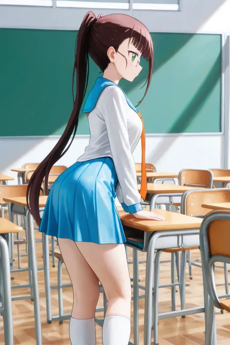 NSFW, Masterpiece, top quality, Hi-Res, very detailed,Ruri Miyamoto\(Nisekoi\)、 long hair、bangs, brown hair at the gym, green eyes、 ponytail、Glasses、鈍いbangs, small tits, skirt、 shirt、 knee socks、uniform、clavicle、白い shirt、プリーツ skirt、 tie、 sailor suit、 sailo...