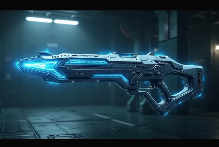 High-tech, high-tech trident weapon with blue energy pattern floating