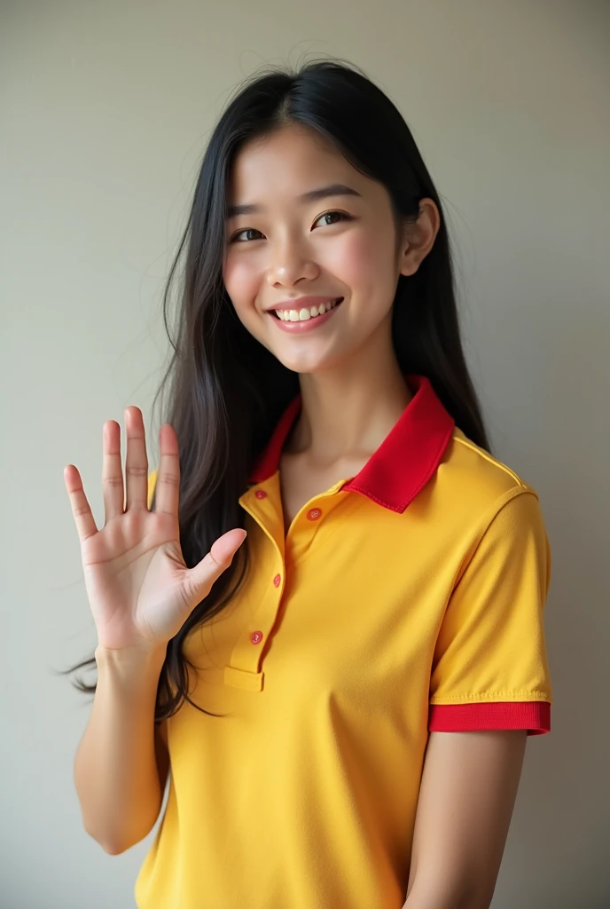 Create an Asian female model wearing a yellow polo shirt with a red collar raising her hand to introduce herself at the back wall