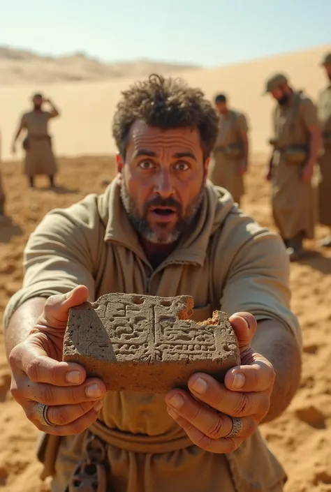 High realism, super quality, action photography style, ultra HD resolution, no fantasy, sci-fi or anime elements. The Persian Empire and Ancient Egypt. Medium shot of an archaeologist in the middle of a vast desert, eyes wide and mouth slightly open as he ...