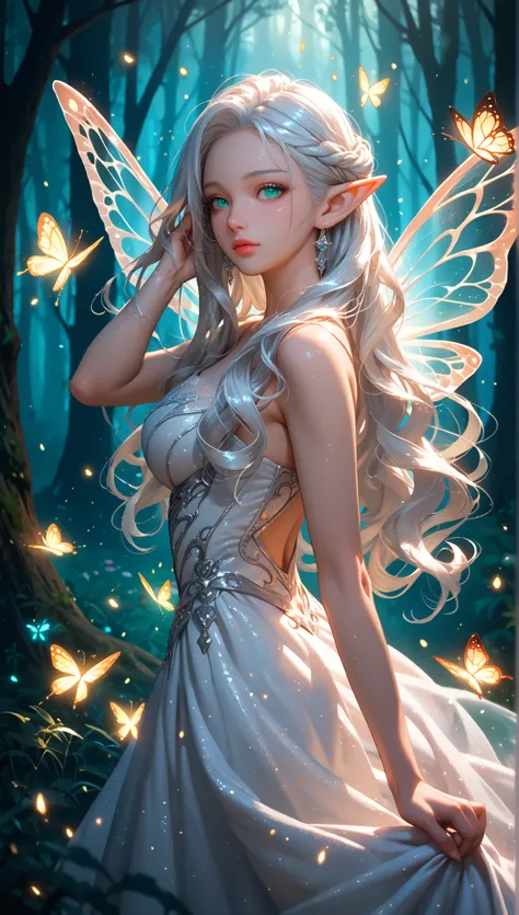 Beautiful Silver-Haired Elf female, Voluptuous elf, beautiful handsome elf, Flowing Long Hair, shiny hair, flowing hair, voluminous hair, aqua eyes, glossy lips, Dressed in an Elegant Pink and White Gown, Soft Silk and Lace Details, butterfly wings, Dreamy...